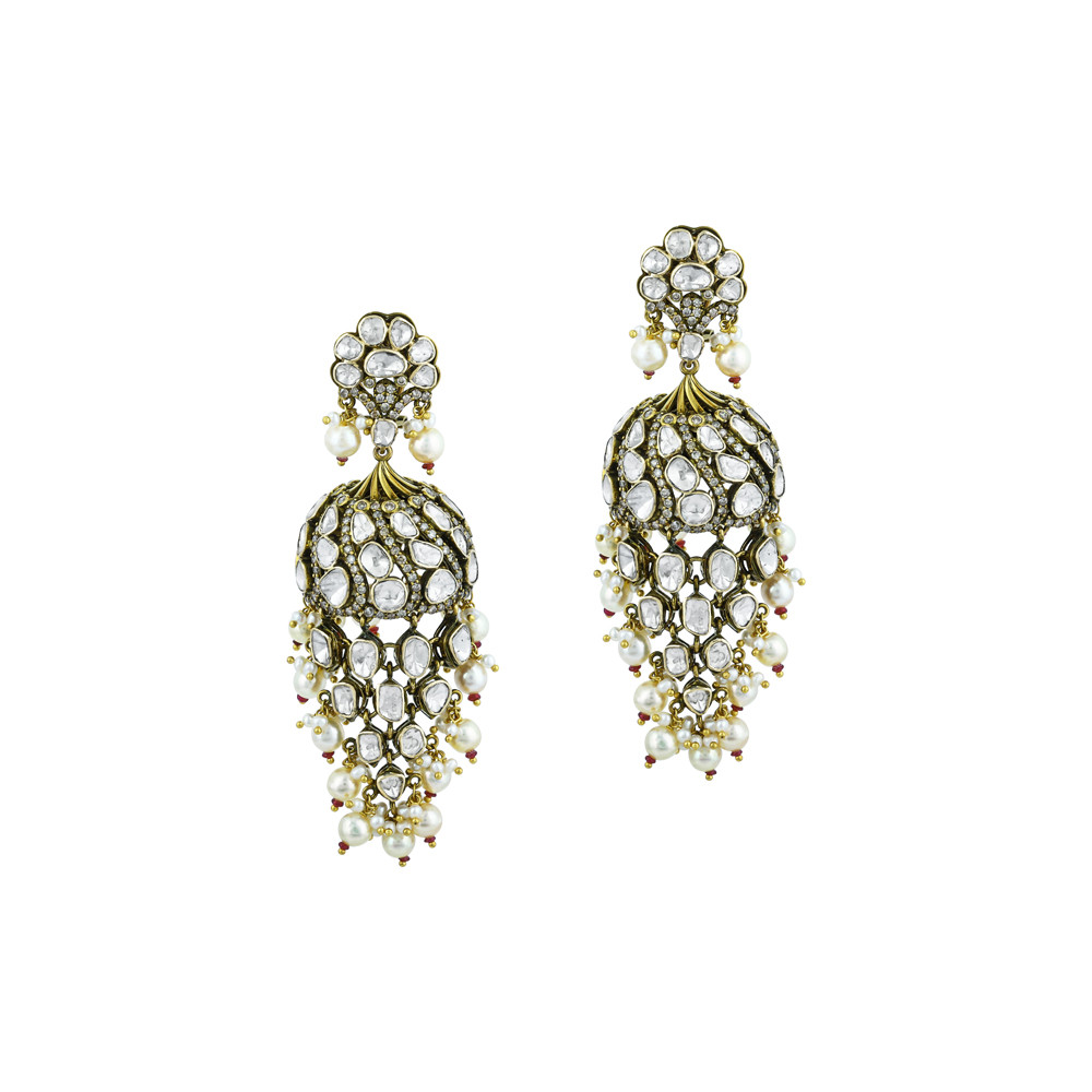 Jhumka Polki Earrings with Pearl Beads and Antique Charm